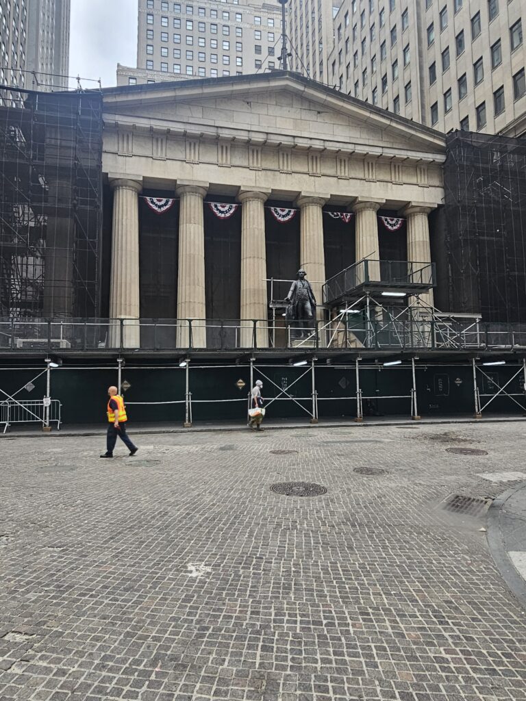 Wall Street view Trinity Church spire Lower Manhattan New York City