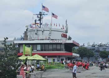 Circle Line Pier 83 Manhattan entrance with tour boats docked on the Hudson River