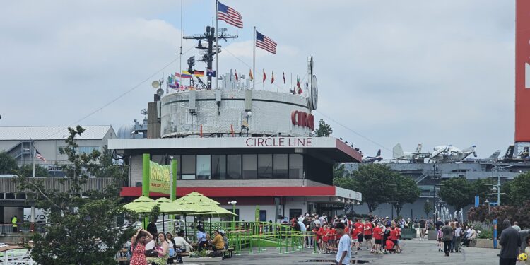 Circle Line Pier 83 Manhattan entrance with tour boats docked on the Hudson River