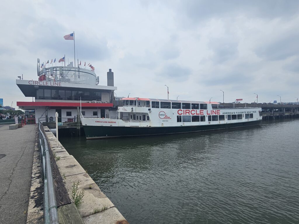 Circle Line cruise ship docked at Pier 83 Manhattan close-up view from the Hudson River pier