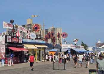 Coney Island NYC guide: boardwalk with amusement rides and city skyline