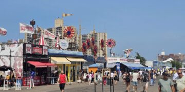 Coney Island NYC guide: boardwalk with amusement rides and city skyline
