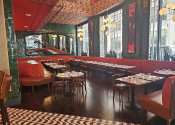 Interior dining room of Brasserie Cognac Américain near Bryant Park in New York City