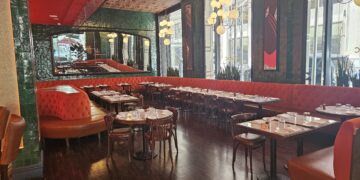 Interior dining room of Brasserie Cognac Américain near Bryant Park in New York City