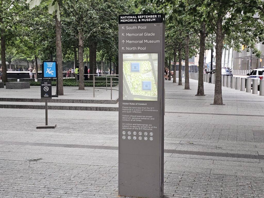 National September 11 Memorial plaza signage and walkway Lower Manhattan