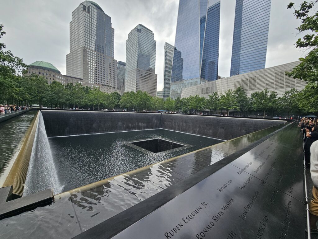 National September 11 Memorial reflecting pool waterfall close-up NYC