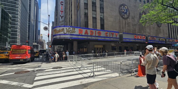 Radio City Music Hall marquee and Art Deco building facade in New York City