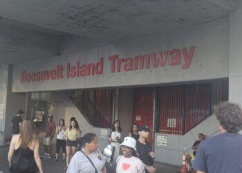 Roosevelt Island Tramway station entrance sign in New York City