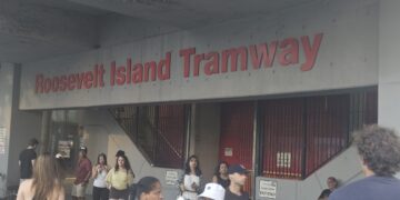 Roosevelt Island Tramway station entrance sign in New York City