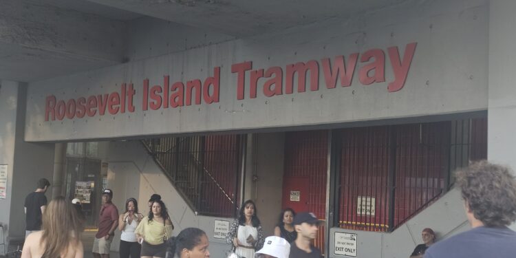 Roosevelt Island Tramway station entrance sign in New York City