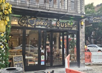 Junko Sushi storefront sign at Broadway and 33rd Street, Astoria