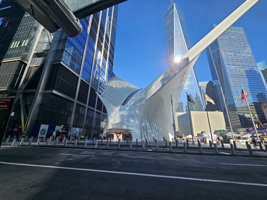 Close-up of the Oculus World Trade Center's white steel rib architecture
