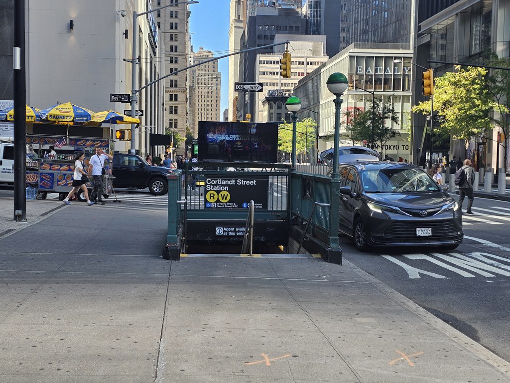Cortlandt Street R and W subway station entrance near the Oculus World Trade Center