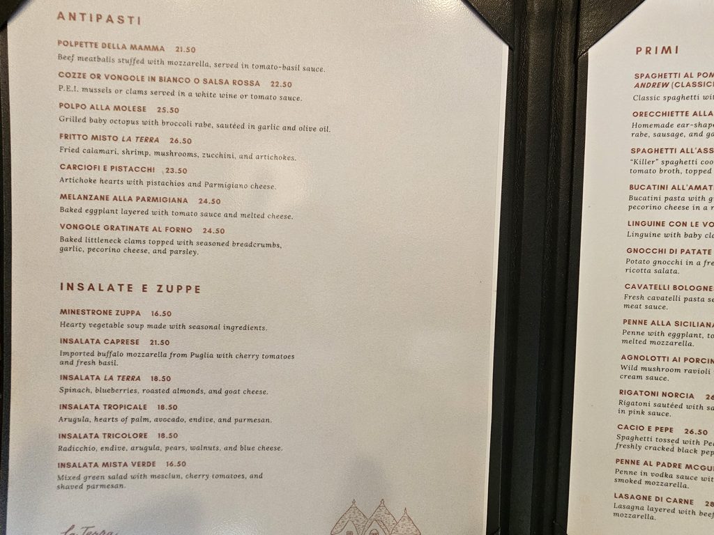 : La Terra Midtown East menu showing antipasti and insalate e zuppe sections