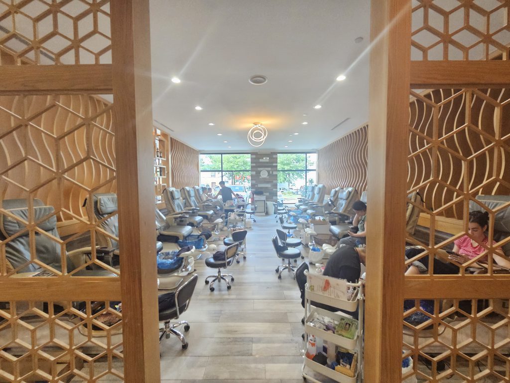 Pedicure chairs and spa area at Victoria's Nails Bronx