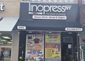 Lino Press NY storefront sign and awning on Broadway in Washington Heights, NYC