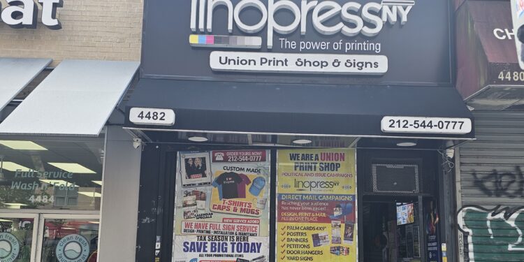 Lino Press NY storefront sign and awning on Broadway in Washington Heights, NYC
