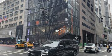 Nike House of Innovation NYC storefront with the Swoosh logo on Fifth Avenue