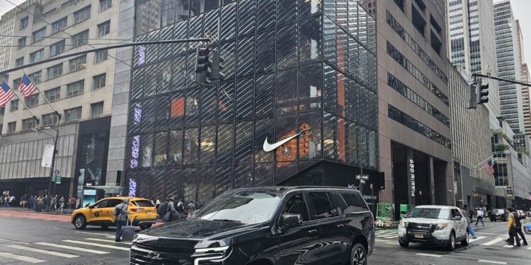 Nike House of Innovation NYC storefront with the Swoosh logo on Fifth Avenue