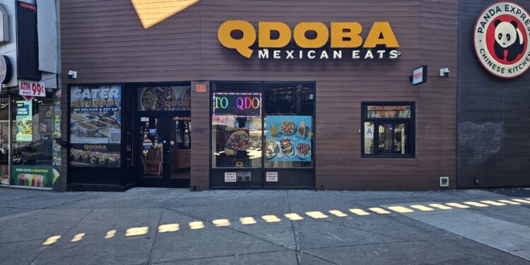 QDOBA Fordham Road storefront with the QDOBA Mexican Eats sign on W Fordham Road in the Bronx