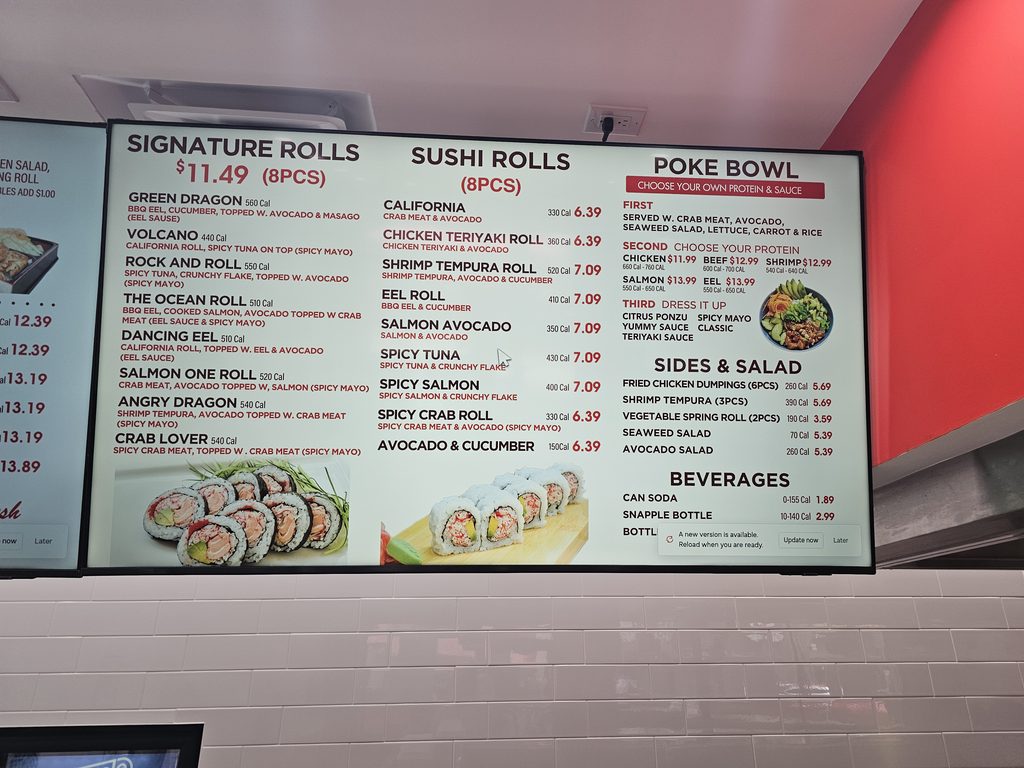 Signature rolls, sushi and poke menu board