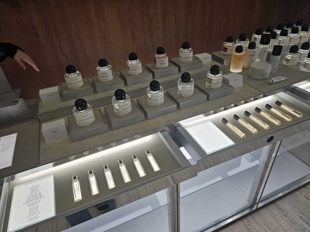 BYREDO Williamsburg fragrance display with glass bottles and sample strips