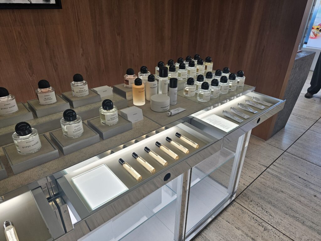 BYREDO Williamsburg perfume counter with fragrance bottles and testers