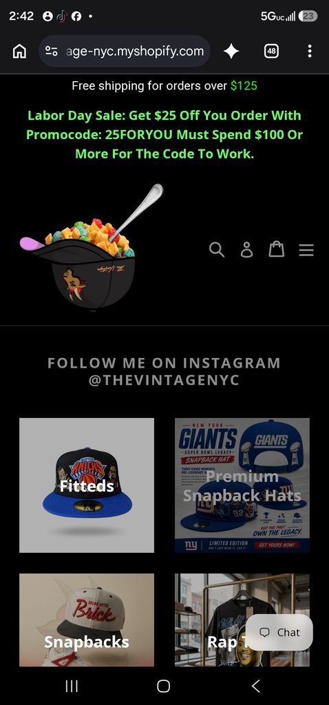 The Vintage NYC Shopify store showing a cereal-bowl hat concept and custom hat collections